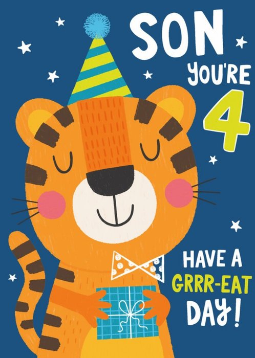 Fun Illustration Tiger Party Hat Son You're 4 Birthday Card