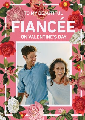 Bright Coral & Floral Border To My Fiancee Valentine's Day Photo Card