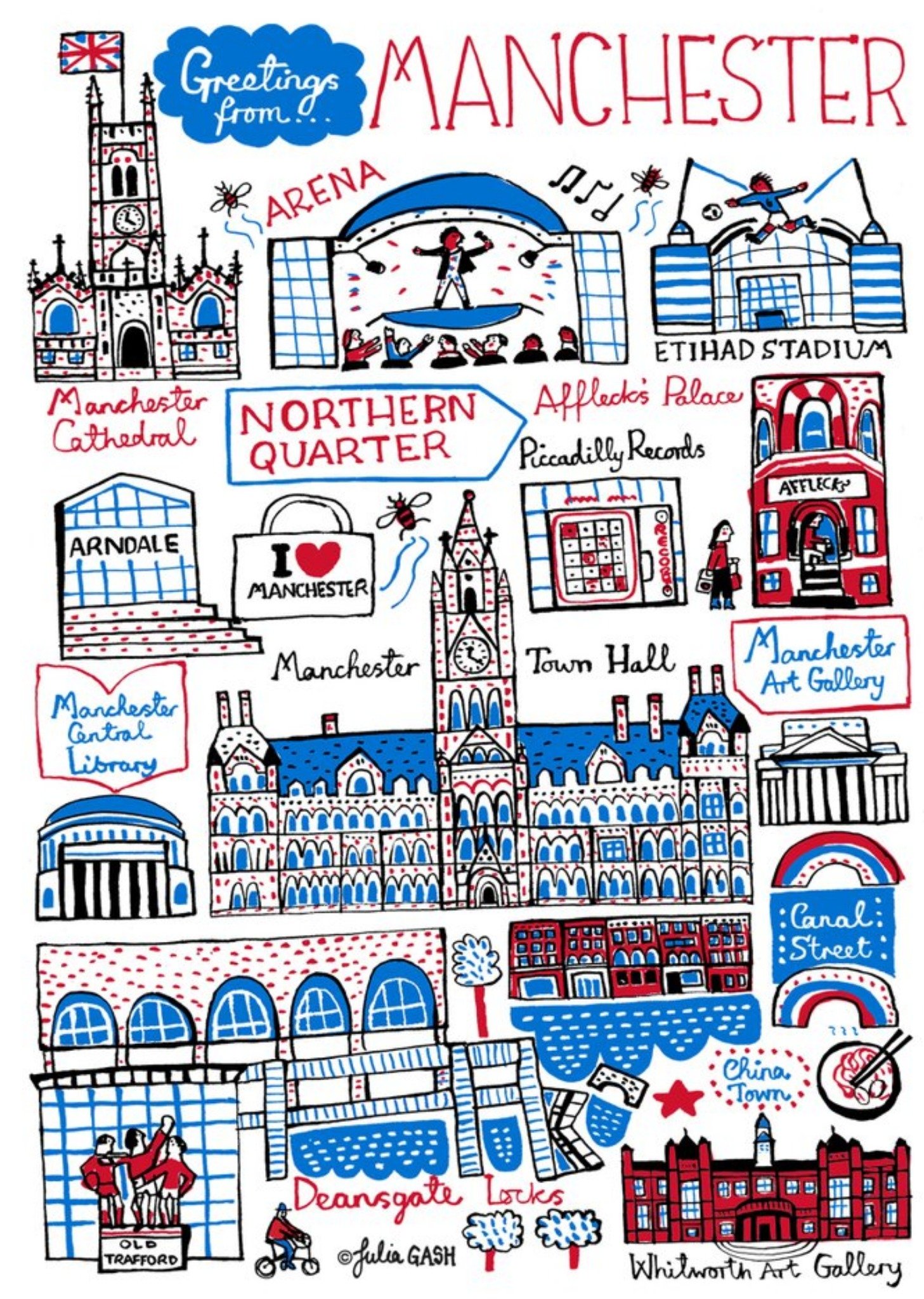 Illustrated Scenic Map Greetings From Manchester Card Ecard