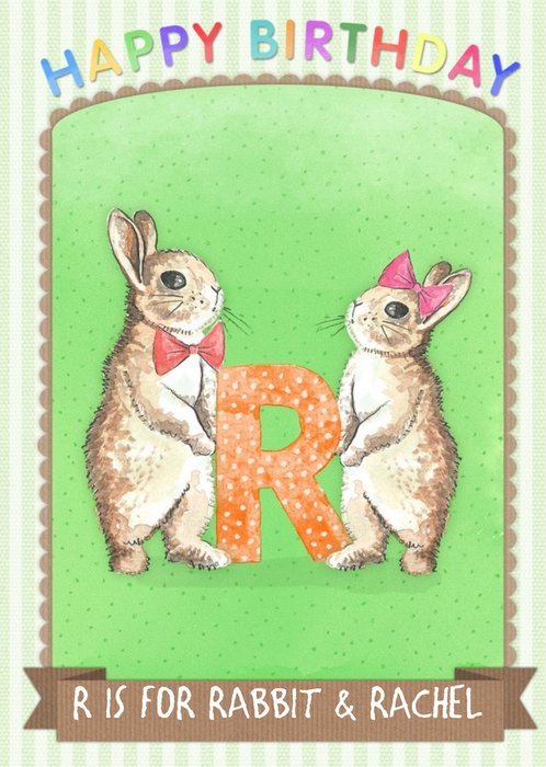 Pinstriped R Is For Rabbit Personalised Birthday Card