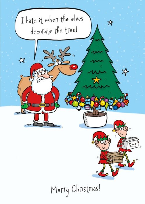 Santa Angry As Elves Decorate Christmas Tree Merry Christmas Card