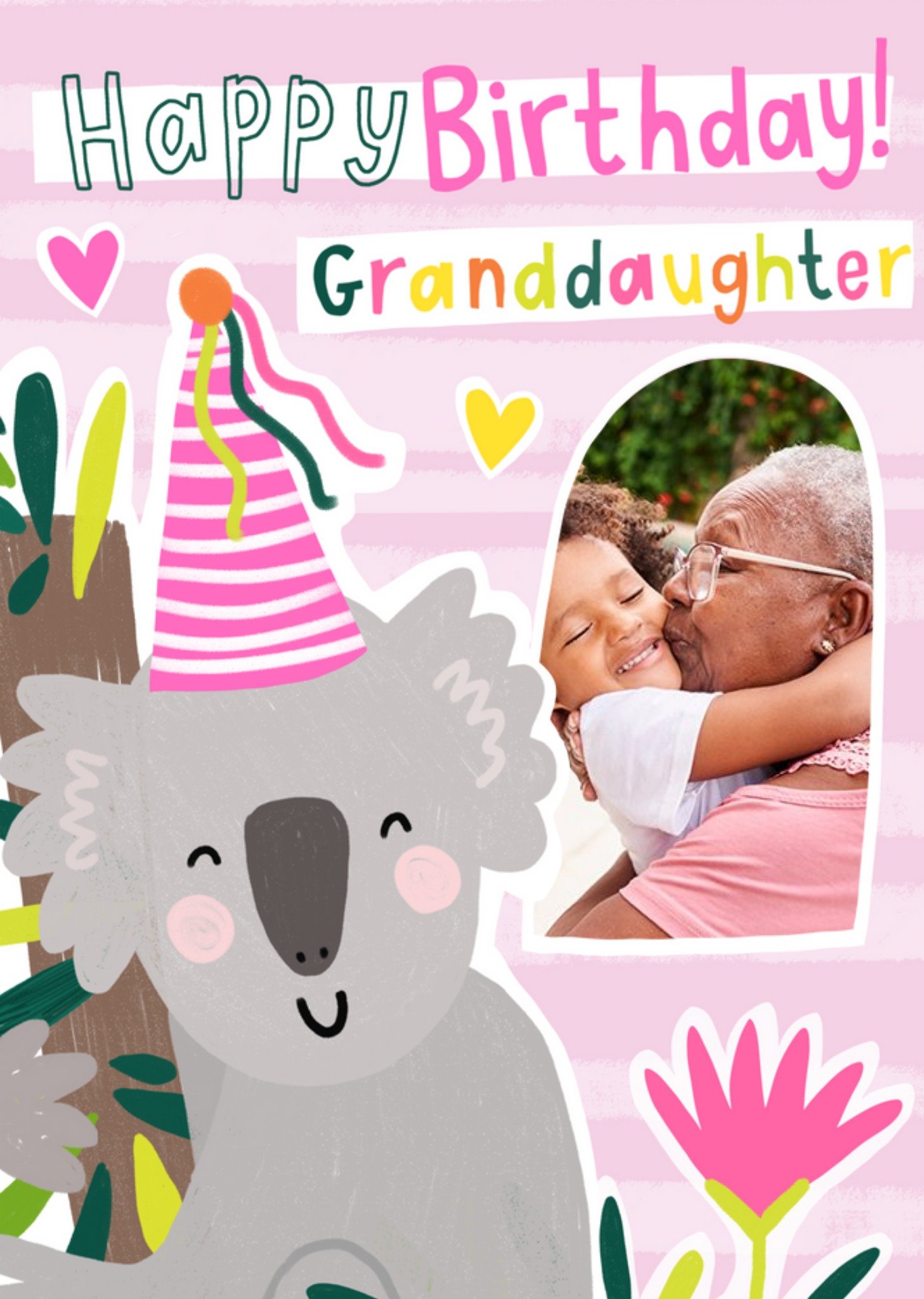 Love Hearts Party Pals Illustrated Koala Photo Upload Granddaughter Birthday Card Ecard