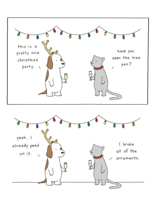 Modern Funny Illustration Cat And Dog Christmas Party Christmas Card