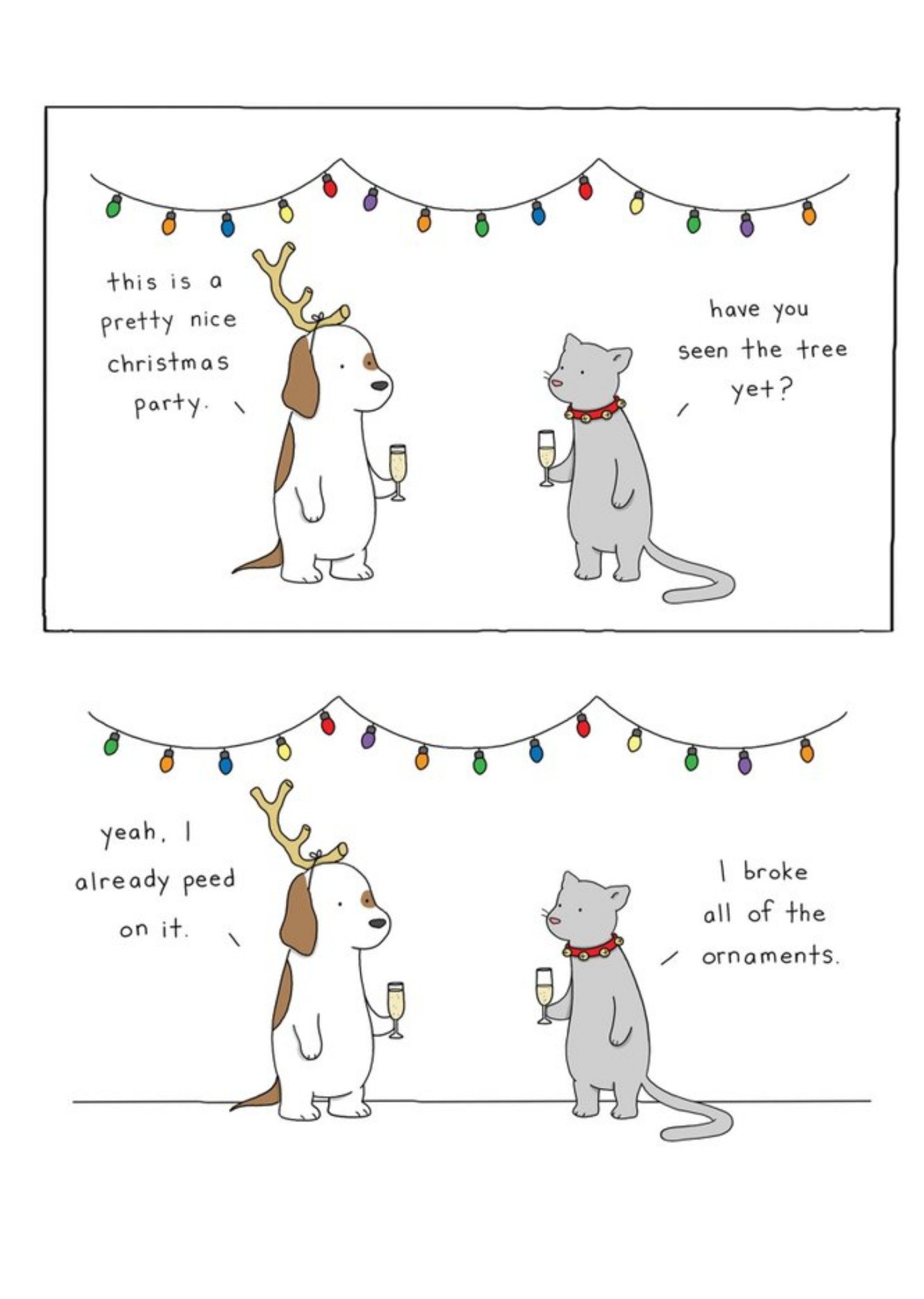 Moonpig Modern Funny Illustration Cat And Dog Christmas Party Christmas Card, Large