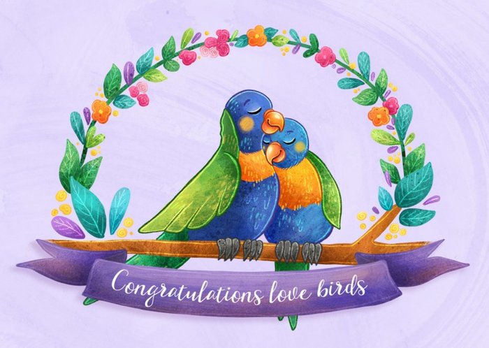 Stray Leaves Purple Illustrated Cockatoos Congratulations Love Birds Card