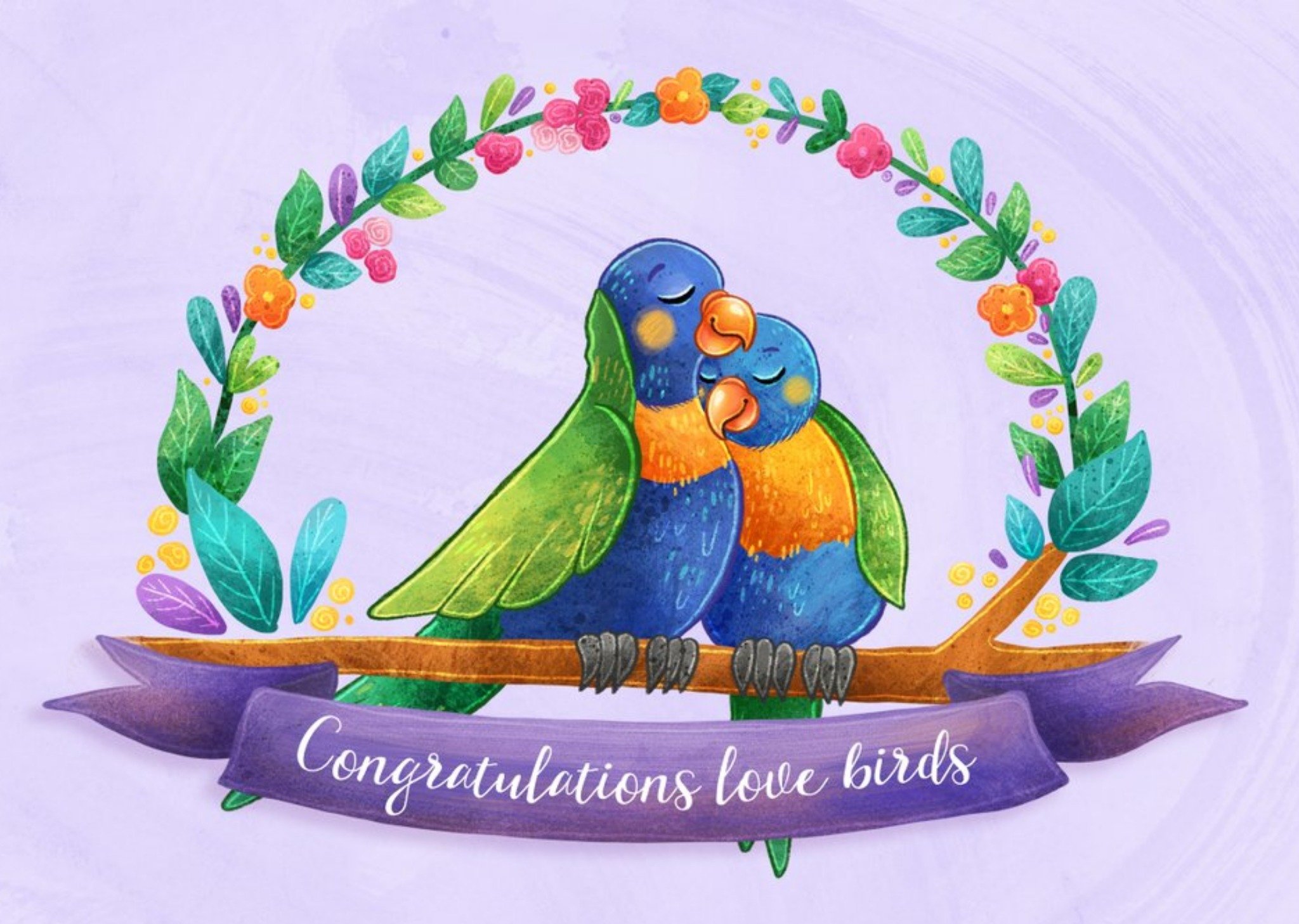 Stray Leaves Purple Illustrated Cockatoos Congratulations Love Birds Card Ecard