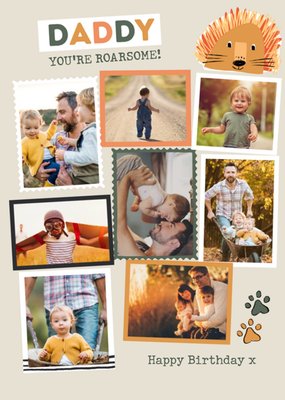 Modern Photo Upload Collage Daddy You're Roarsome Happy Birthday Card