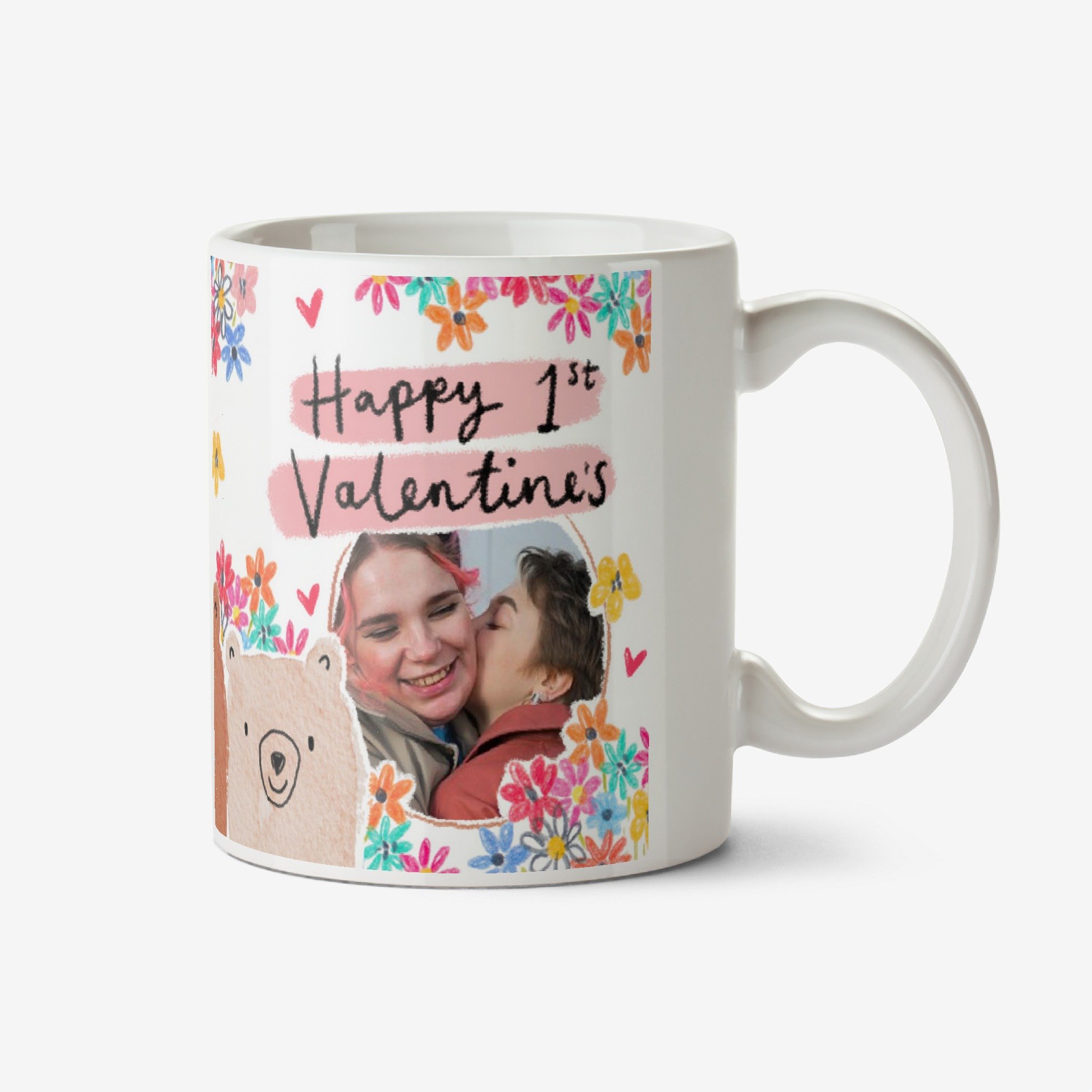 Moonpig Cute Illustration Of Two Bears And Flowers Happy First Valentine's Photo Upload Mug Ceramic 