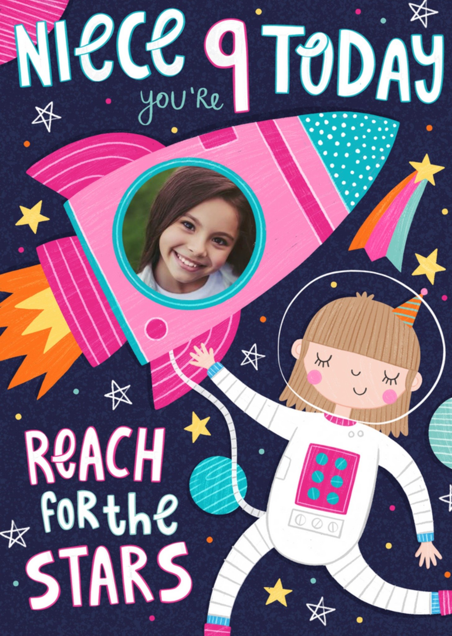 Moonpig Fun Illustration Rocket Space Astronaut Niece 9 Today Photo Upload Birthday Card, Large