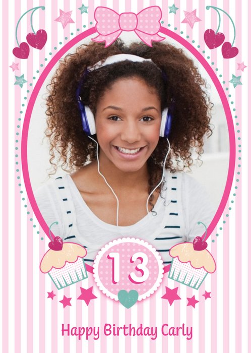 Pink Striped Cupcakes Happy 13th Birthday Photo Card