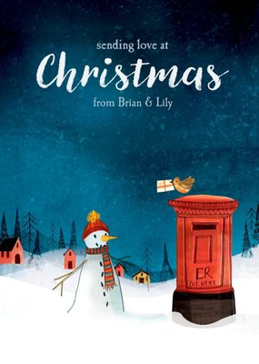 Christmas Card - Sending Love At Christmas - Snowman - Robin