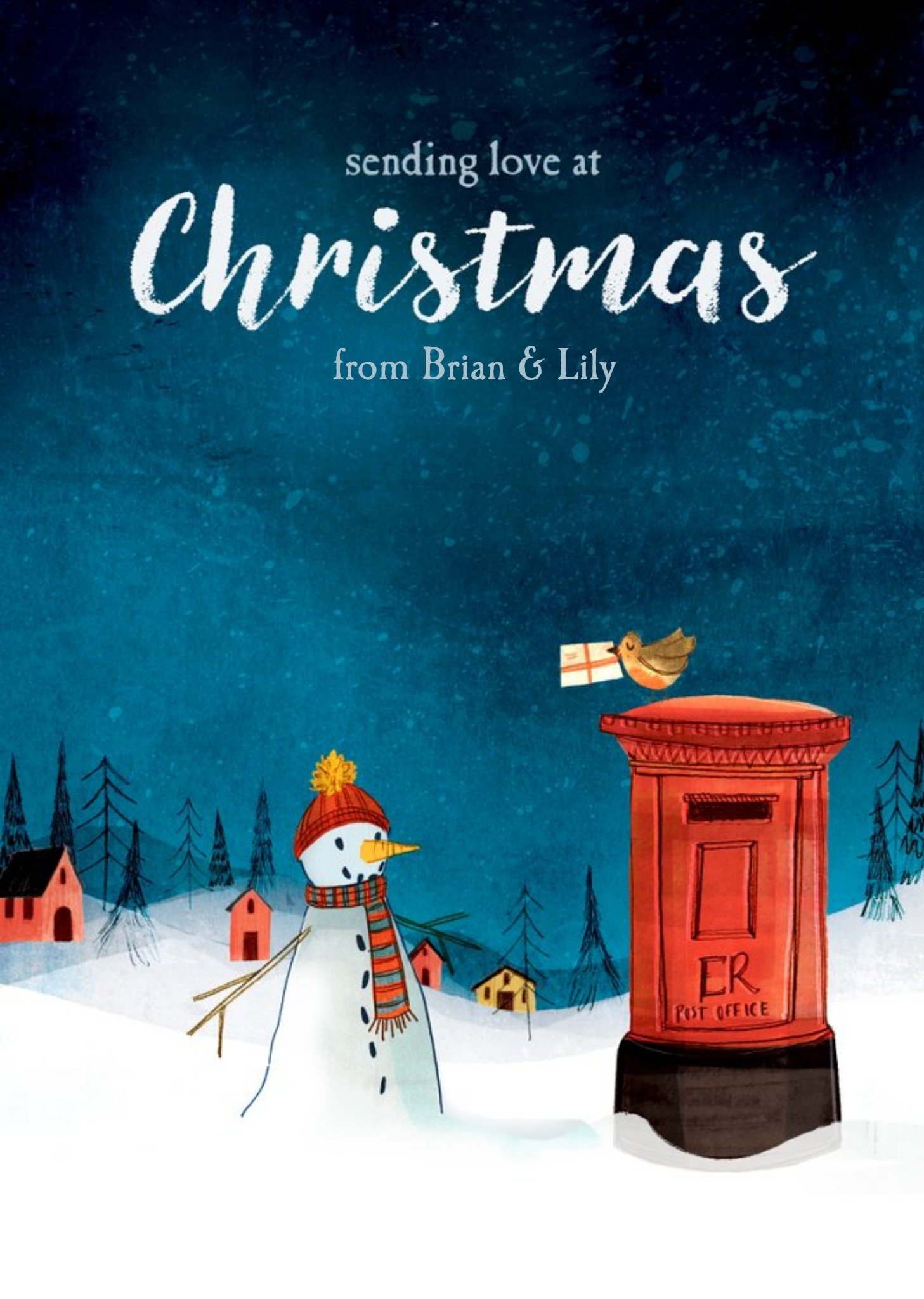Moonpig Christmas Card - Sending Love At Christmas - Snowman - Robin, Large