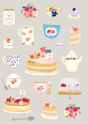 Bright Flowers Tea And Cakes Illustration Postcard