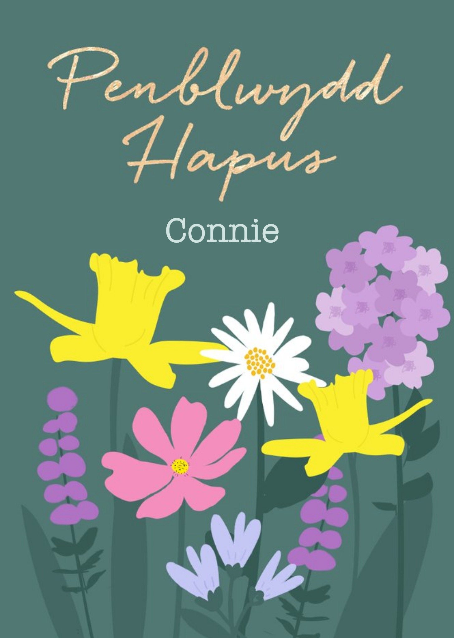 Illustrated Welsh Flowers, Penblwydd Hapus Card Ecard