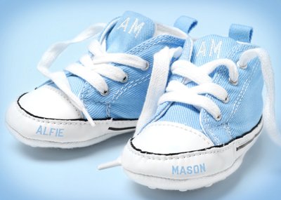 Congratulations New Baby Card - Blue Baby Shoes With Babies Name On Them.