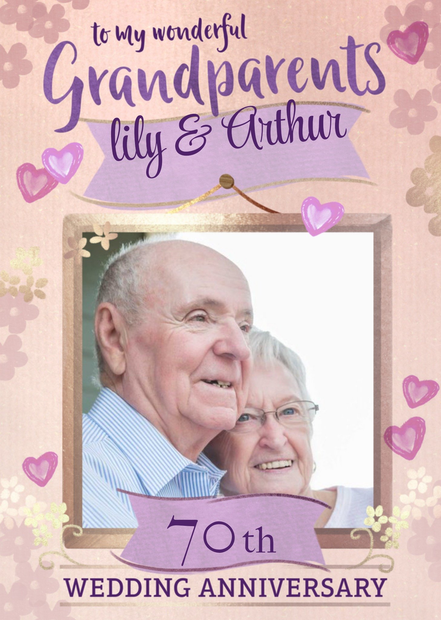 Photo Frame With Banners Surrounded By Hearts Grandparent's Photo Upload Anniversary Card Ecard