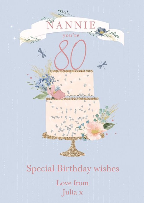 Clintons Nannie Watercolour Floral Cake 80th Birthday Card