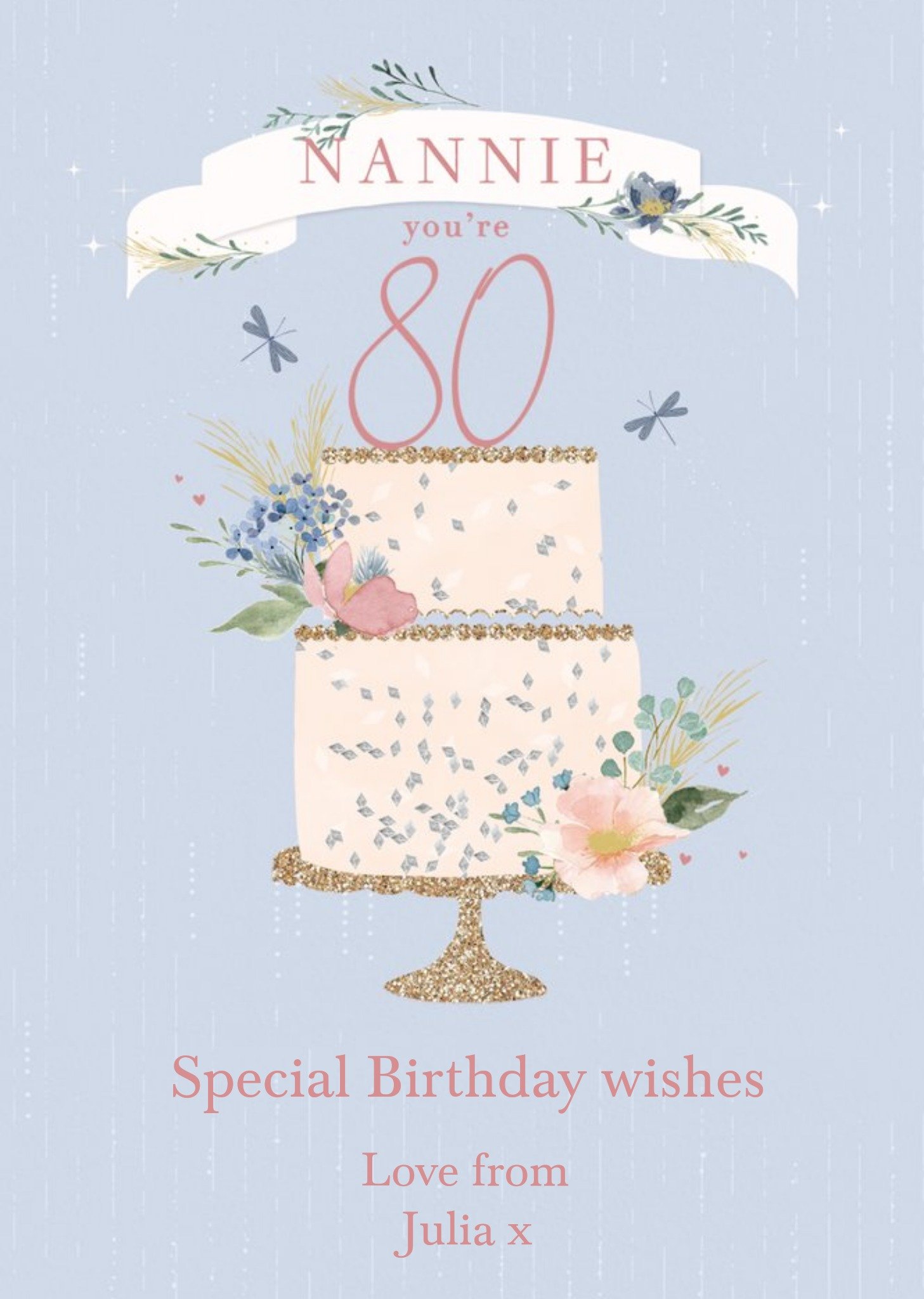 Moonpig Clintons Nannie Watercolour Floral Cake 80th Birthday Card, Large