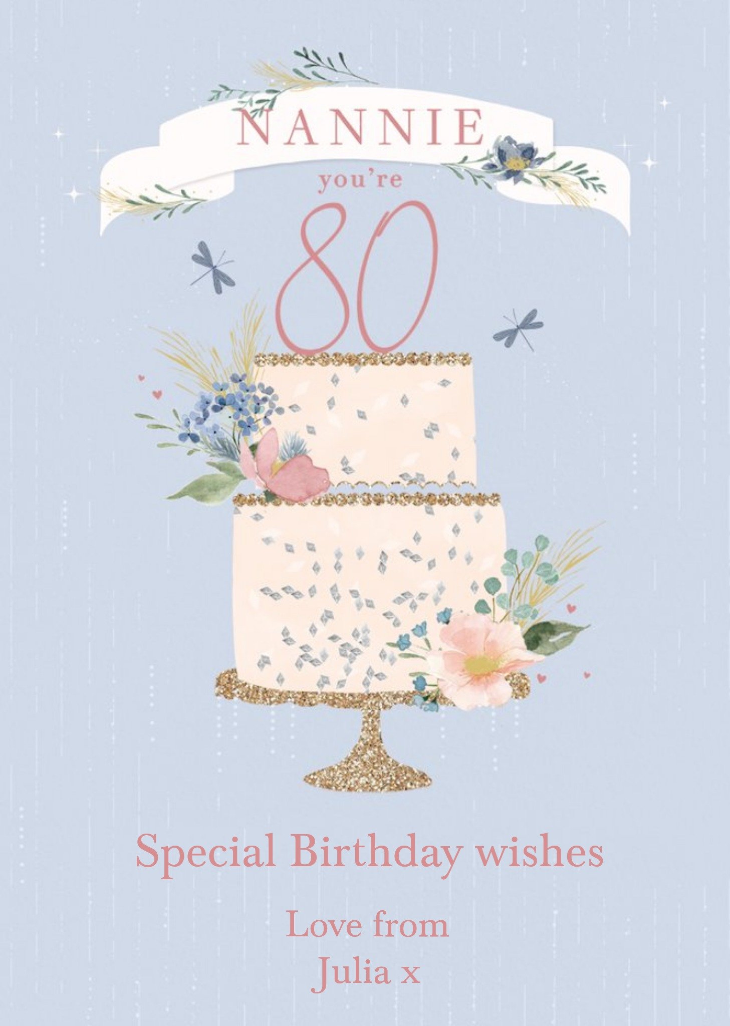 Clintons Nannie Watercolour Floral Cake 80th Birthday Card Ecard