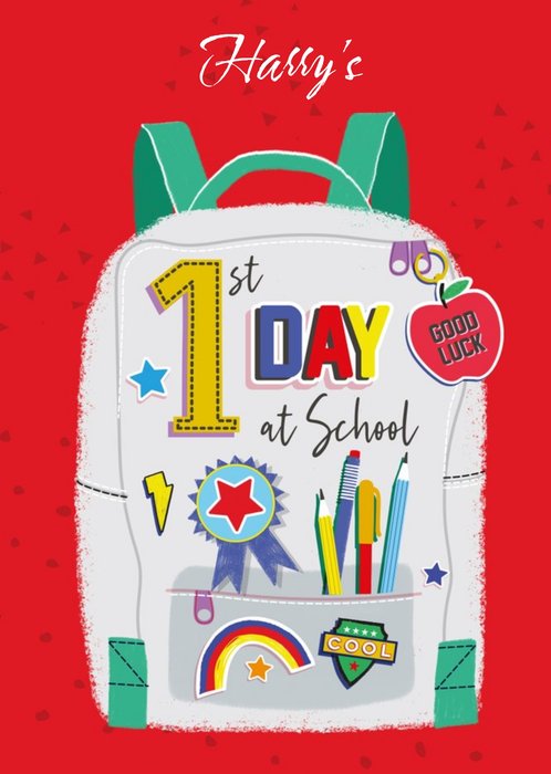 Bright Colourful Illustrated Backpack First Day at School Card
