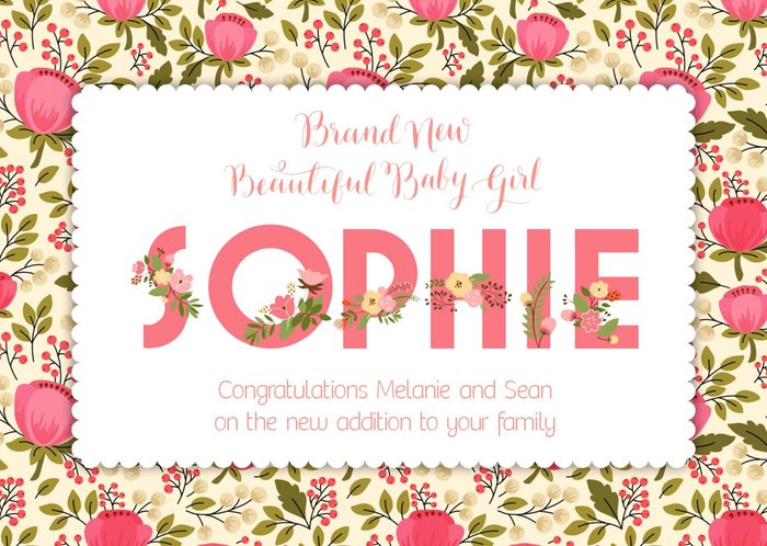 Bundle Of Joy Personalised Floral Background Personalised Postcard For New Baby Girl