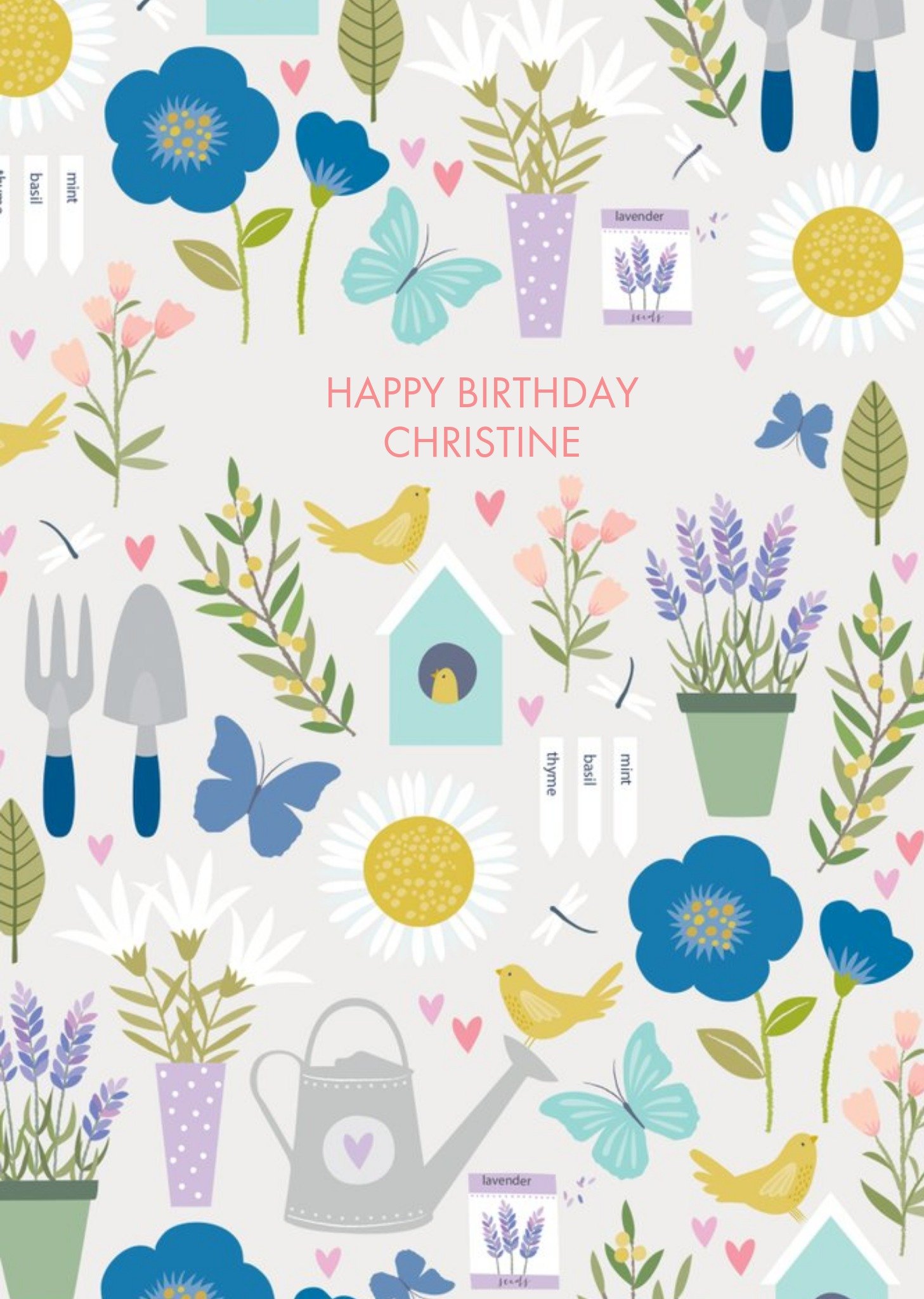 Floral Pink Gardening Watering Can Birds Birthday Card Ecard