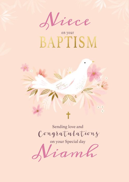 Illustrated Dove Typographic Peach Baptism Card