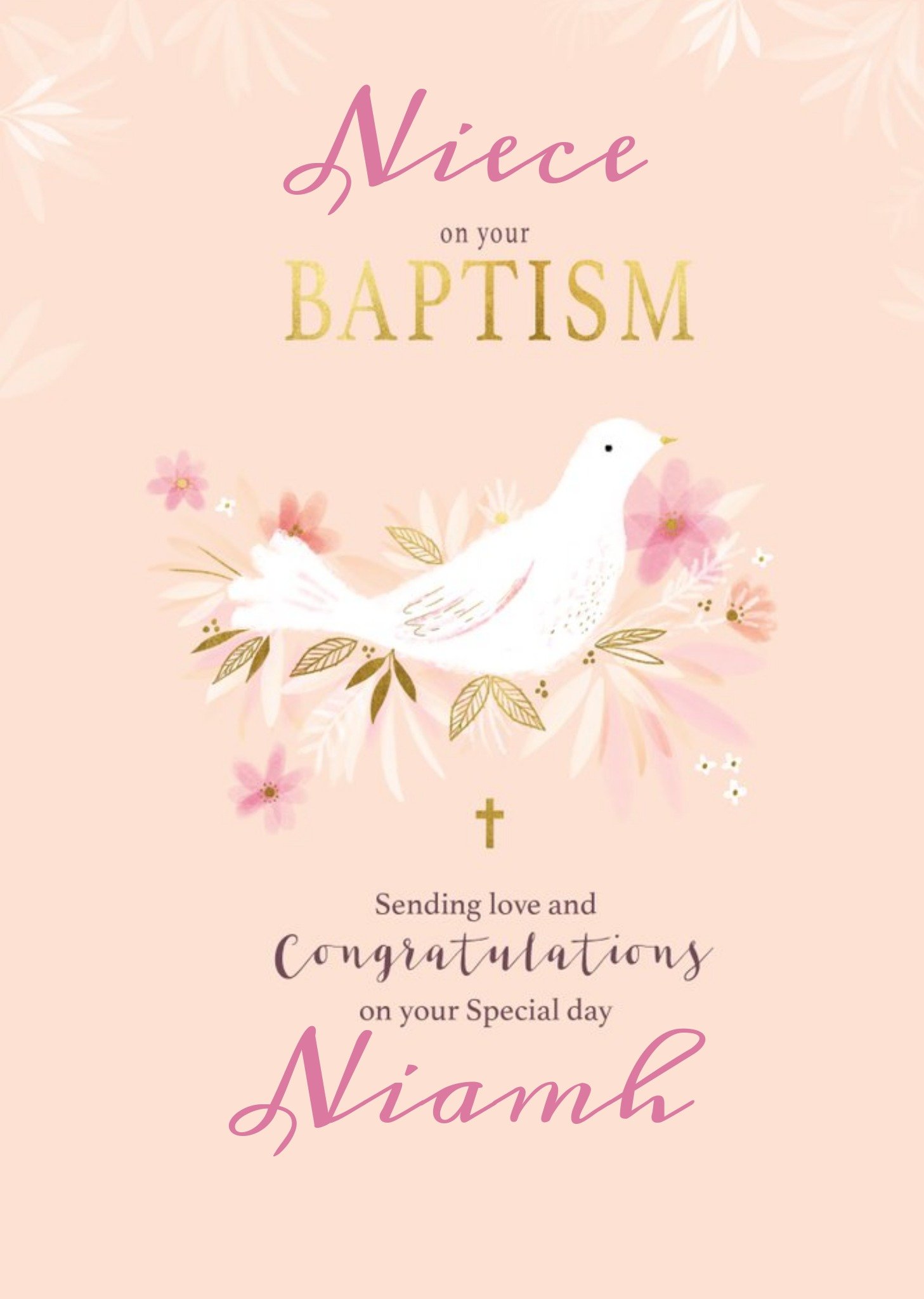 Illustrated Dove Typographic Peach Baptism Card Ecard