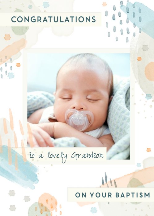 Abstract Watercolour Pattern Photo Upload Grandson Baptism Card