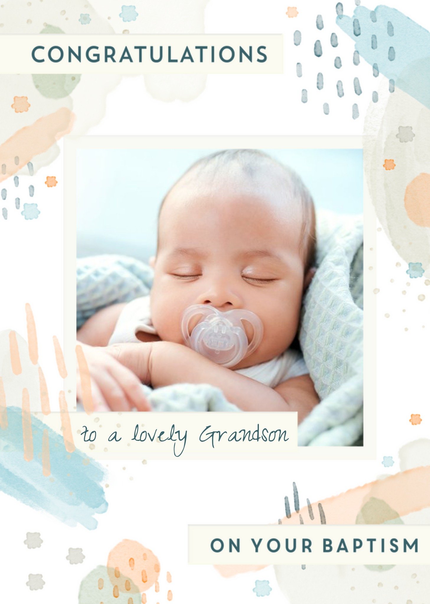 Abstract Watercolour Pattern Photo Upload Grandson Baptism Card Ecard