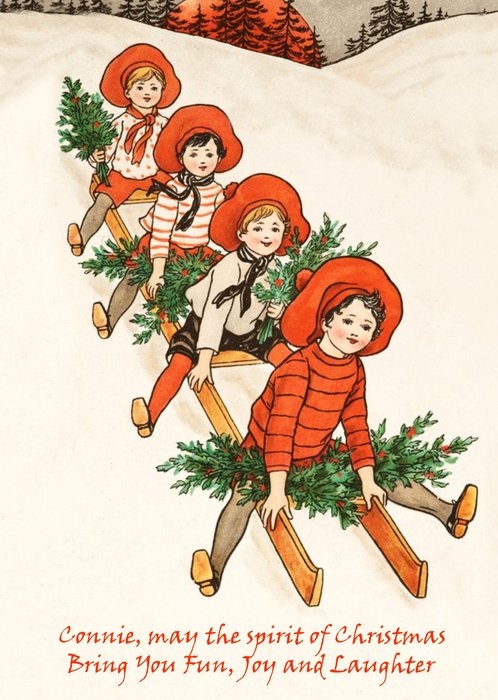 Vintage Sledge Ride Personalised Christmas Card