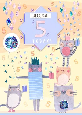 Pastel Cats And Balloon Personalised Happy 5th Birthday Card