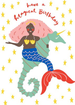 Modern Illustrated Mermaid Seahorse Have A Magical Birthday Card