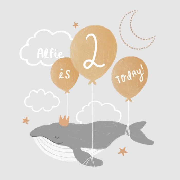 Illustrated Whale Balloon Cloud 2nd Birthday Card