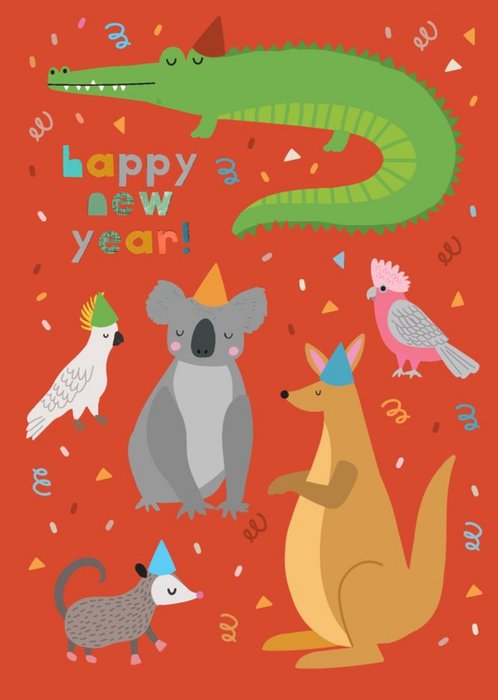 Bright Colourful Animal Illustrations Happy New Year Card