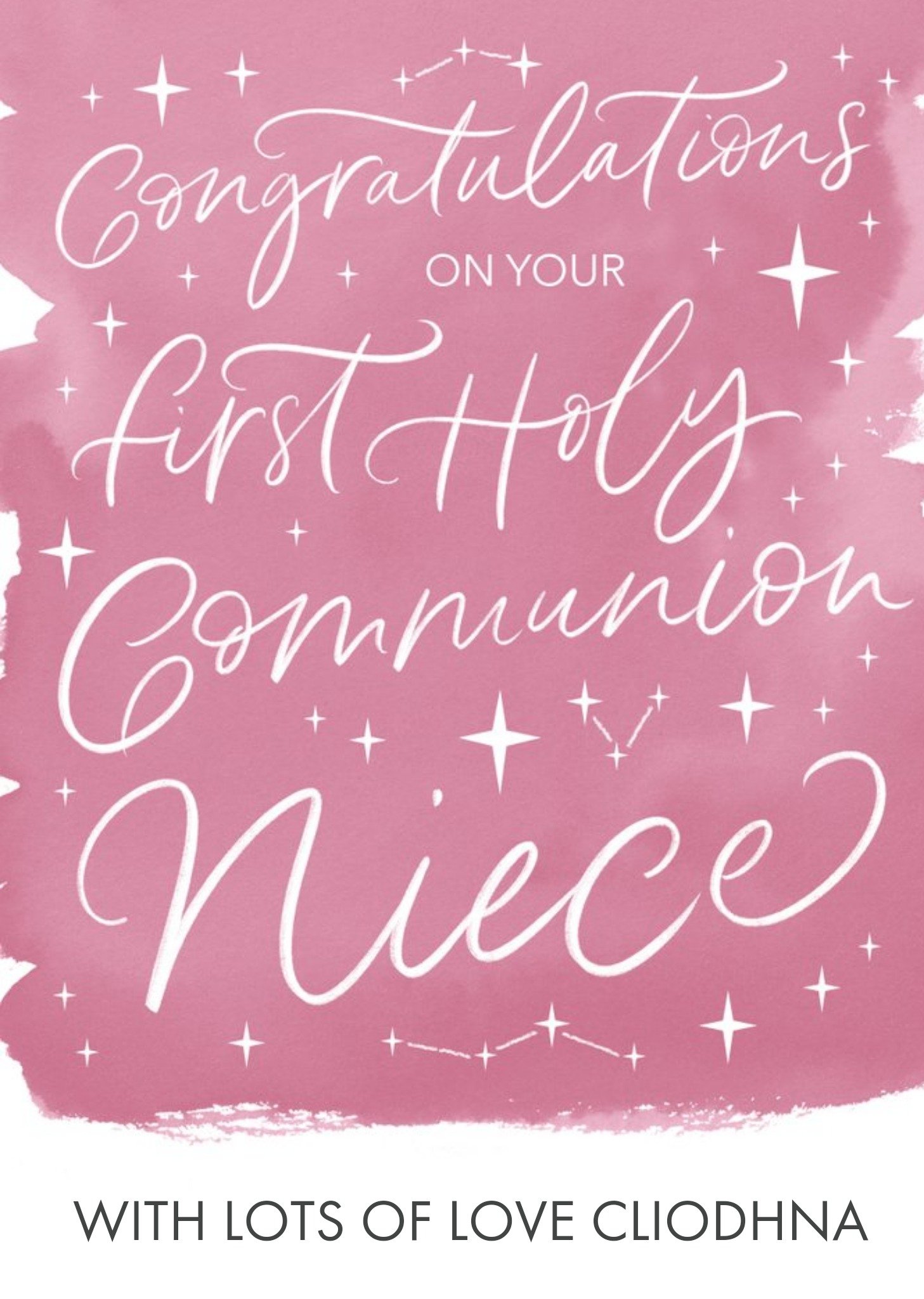 Moonpig Pink Watercolour Typographic First Communion Congratulations Card Ecard