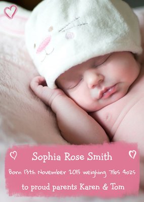 Pink Hearts Personalised Photo New Baby Announcement Card