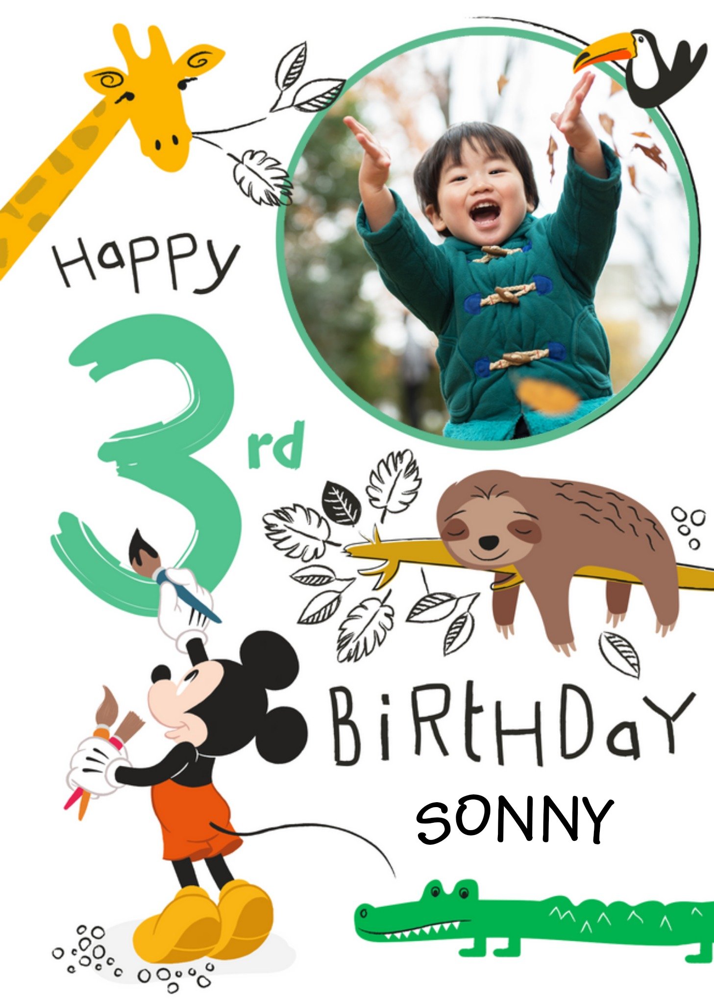 Disney Mickey Mouse Giraffe And Sloth Happy 3rd Birthday Photo Upload Card Ecard