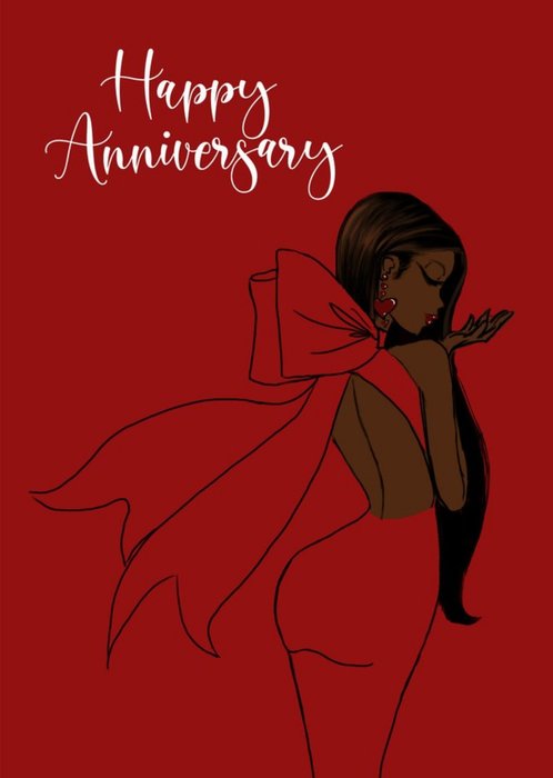 Modern Illustrated Lady In Red Dress Anniversary Card