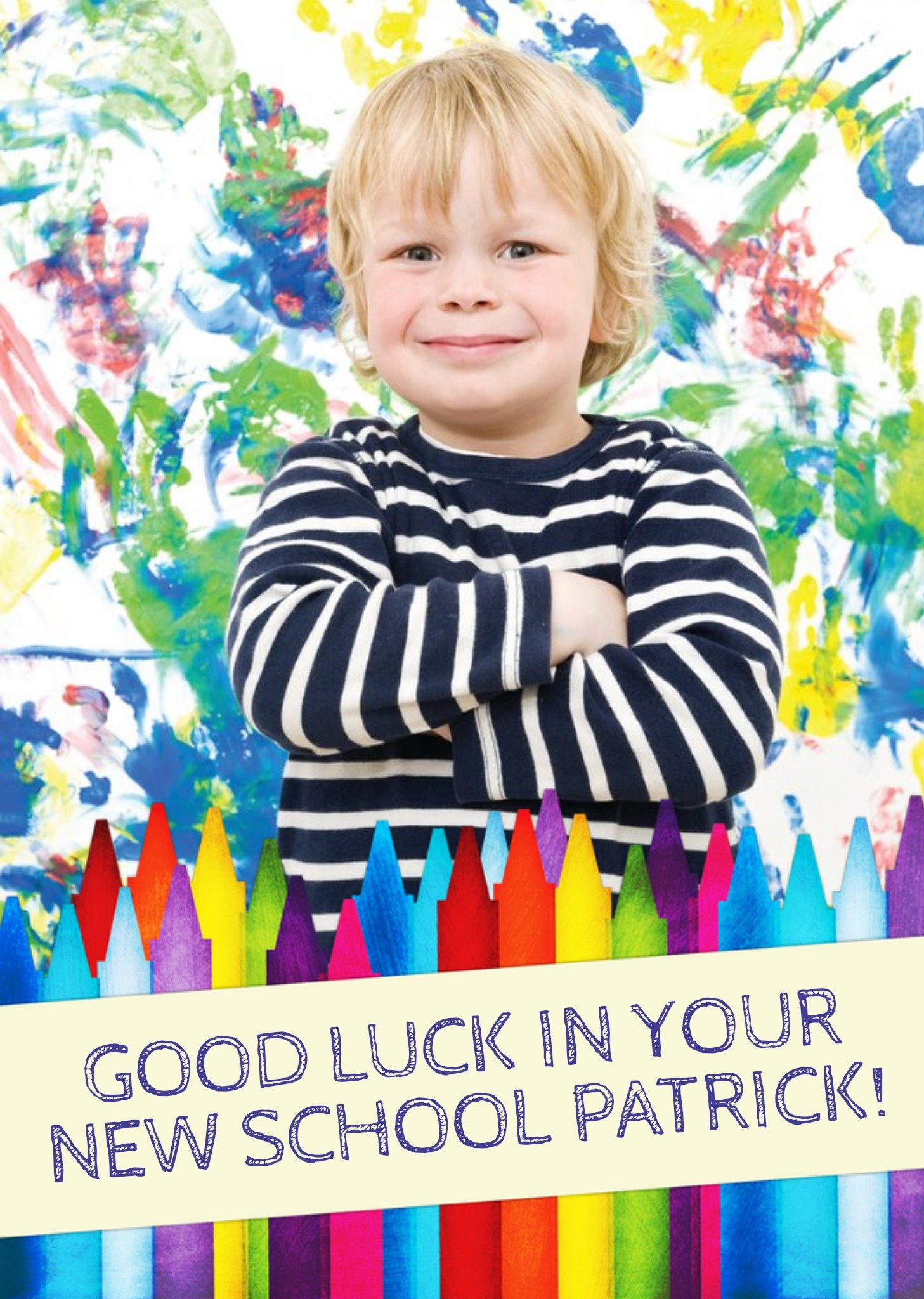 Colourful Crayons And Handprints Personalised Photo Upload Good Luck In Your New School Card Ecard