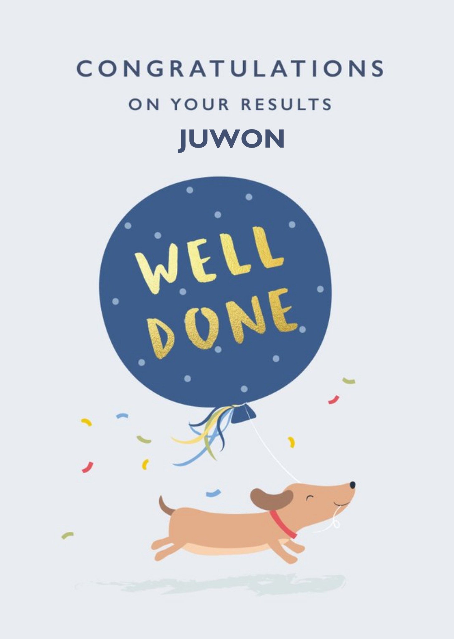 Cute Illustrated Running Dog Blue Balloon Well Done Exams Card Ecard