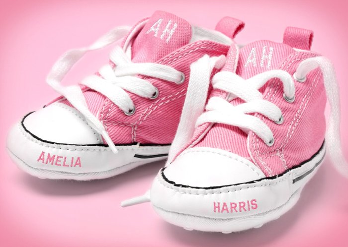 New Baby Congratulations Postcard - Pink Baby Shoes With Name