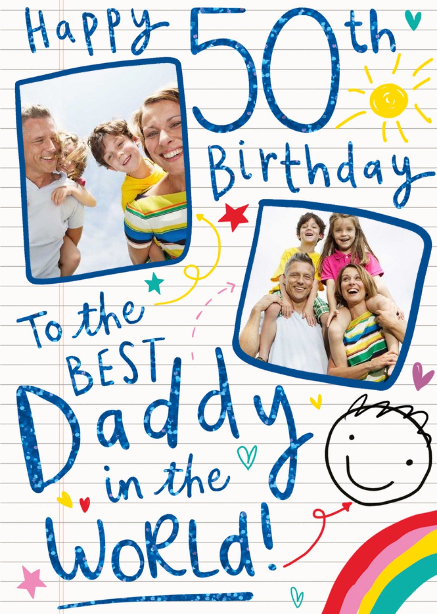 Childlike Doodles And Handwritten Typography Daddy's Fiftieth Photo Upload Birthday Card Ecard