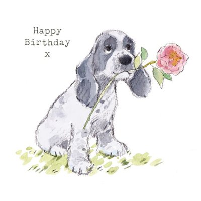 Illustration Of A Cute Cocker Spaniel With A Rose Birthday Card