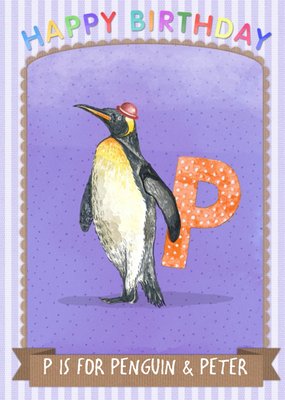 Pinstriped P Is For Penguin Personalised Birthday Card