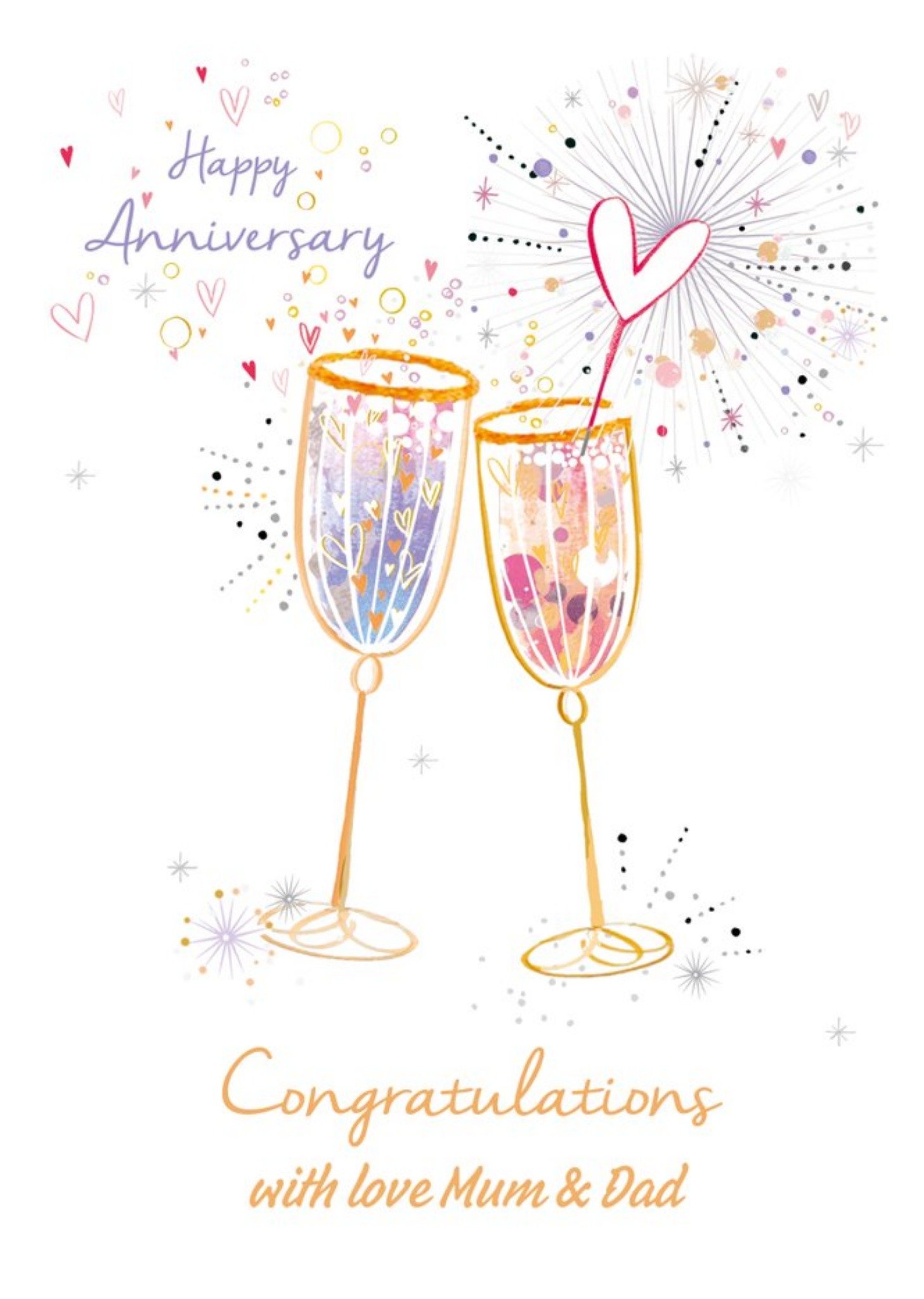 Moonpig Happy Anniversary Congratulations Champagne Glasses Sparkle Design Card From Mum And Dad, La