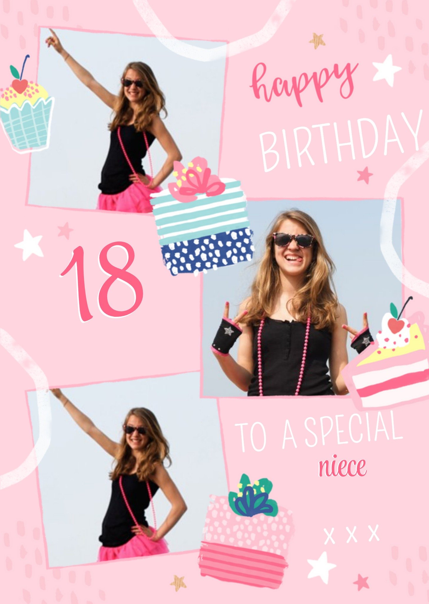 Pink Patterened Personalise Age Niece Photo Upload Birthday Card Ecard