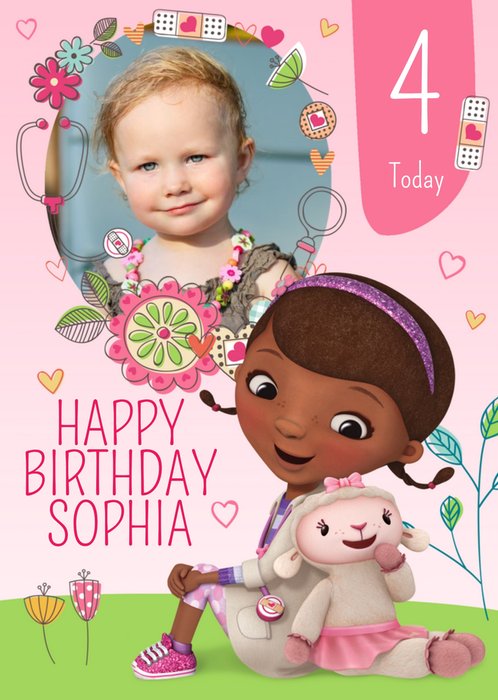 Doc Mcstuffins Pink And Green Personalised Photo Upload Happy 4th Birthday Card
