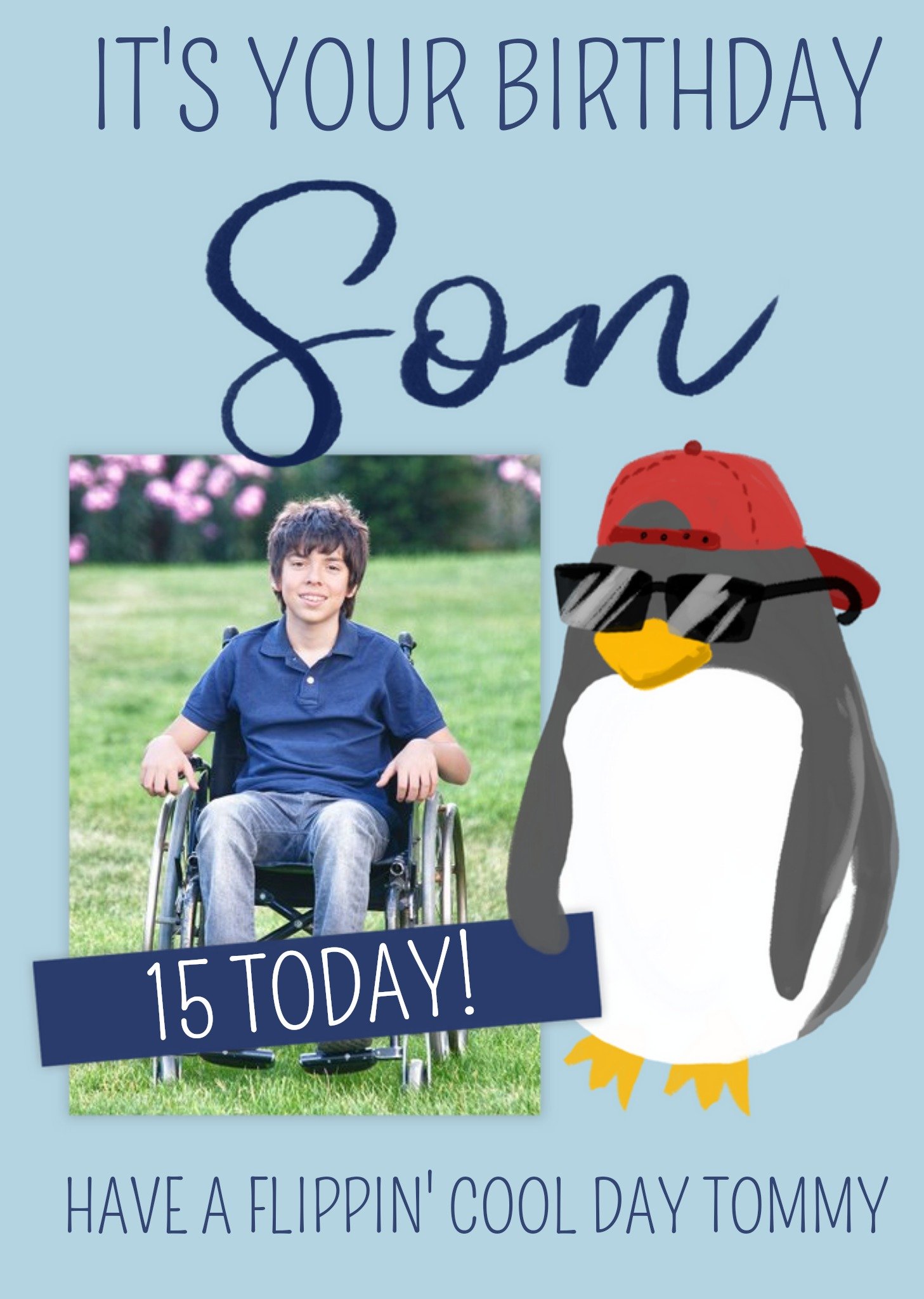 Okey Dokey Design Okey Dokey Illustrated Cool Penguin Son 15 Today Photo Upload Birthday Card, Large