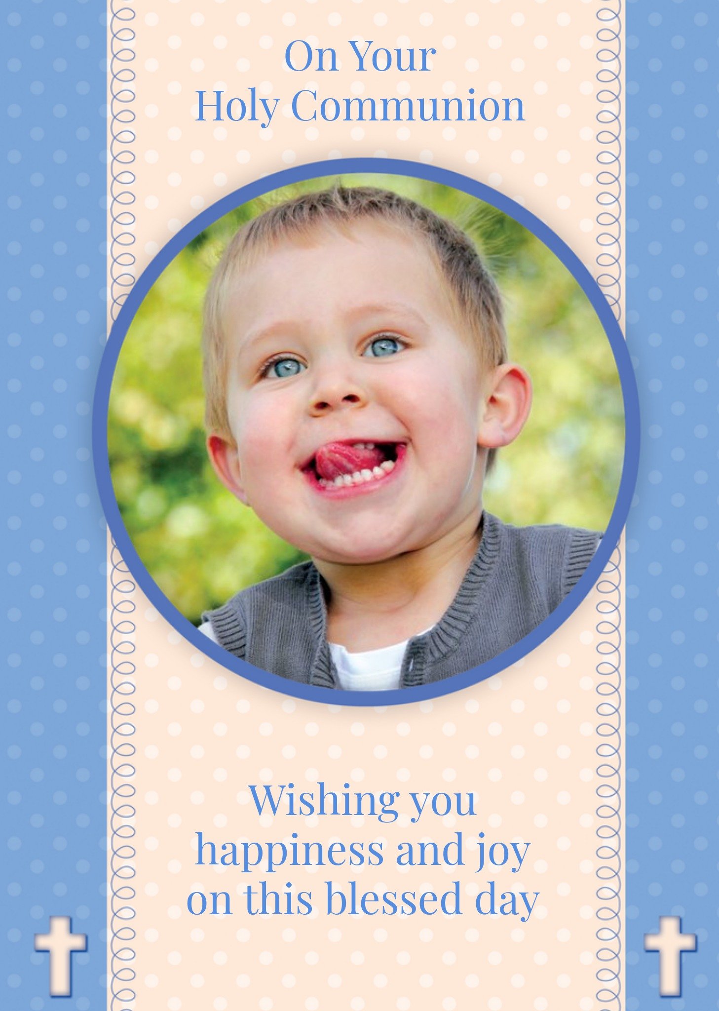 Cream And Blue Personalised Photo Upload Holy Communion Card Ecard